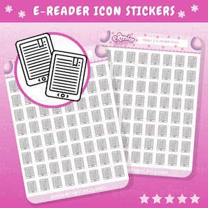 May include: Black and white e-reader icon stickers. The stickers are arranged in a grid pattern on a pink background. The text "KINDLE / E-READER ICONS" is at the top of the image.