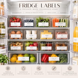 May include: A set of clear plastic refrigerator storage bins organized with white rectangular labels featuring black text. The labels identify contents such as fruit, berries, salad, vegetables, eggs, yogurt, cheese, deli, meal prep, snacks, sauces, cooked meats, citrus, and fresh veg.
