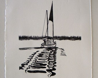 Sailboat, Original Linocut Print, handmade limited edition, "Crusin' Home" Victoria Smith, SC Lowcountry artist