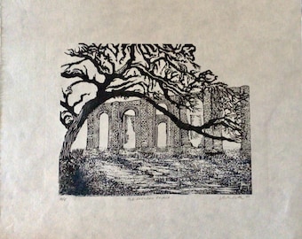 Black and White Linocut handmade print. Old Sheldon Church, Yemasee, SC