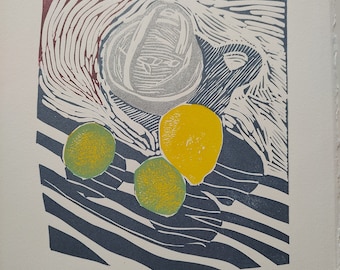 SueAnne Bottomley, Vintage Linocut Art Print, Fruit Basket