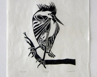 Black and White Heron Linocut Print, Intuit Art Style