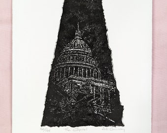 US Capitol Linocut Print, A E Crumbley, Limited Edition 160/165