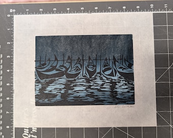 Original Linocut Print, Boats at Midnight, Handmade Art (5x7 Image)