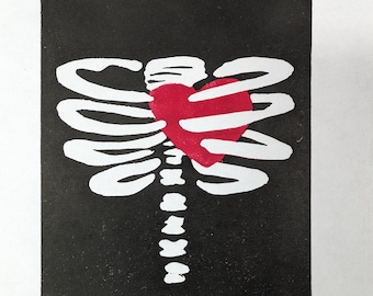Linocut Print, True Love Never Dies, Skeleton Ribcage Heart, Handmade