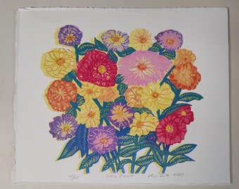Zany Zinnias Linocut Print, Handmade Floral Art