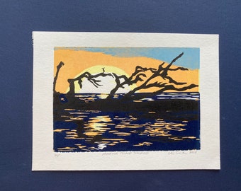 Ocean Sunrise Linocut Print, Hunting Island, SC Lowcountry Art