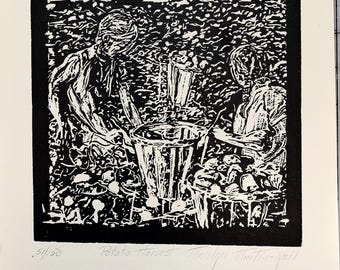 Vintage Potato Harvest Linocut Print by Marilyn Martin Kiel, 1990s Limited Edition