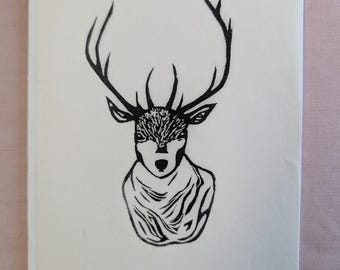 Linocut and blot print notecards, original art, blank notecard, bird, deer, colorful handprinted prints