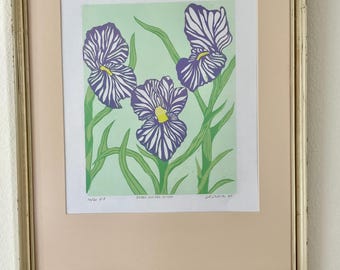 Zebra Striped Irises color linocut print with pastels added. Various colors. Varied Limited Edition