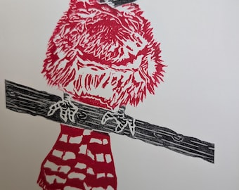 Baby Cardinal, Original Linocut Print, hand printed