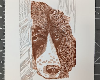 Original Color Reduction Linocut Print, handmade, 'Hey There Trixie Girl', Springer Spaniel Dog