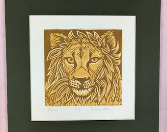 Lion Linocut Print by Deborah Schindler, Torpedo Factory Vintage Art