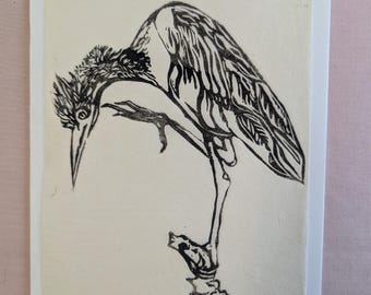 Linocut print, original art, blank notecard, turtle, heron, colorful handprinted linocut  prints
