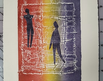 Vintage Hand Pulled Collagraph, Terry Svat Art Print, Two Figures