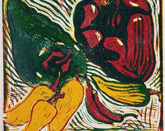 Vintage Linocut Art Print by David Brosch, Colorful peppers. Limited edition, 45/100.