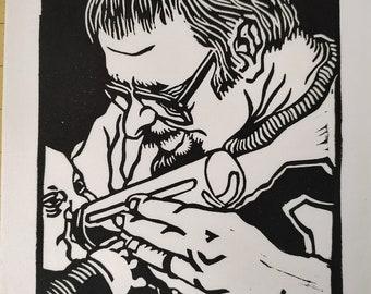 The Feeding, Norman Strike, vintage original linocut print, limited edition 156/165.