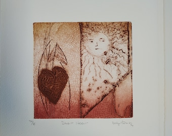 Vintage Intaglio Etching, Desert Heart Print, Helga Thomson, 1994