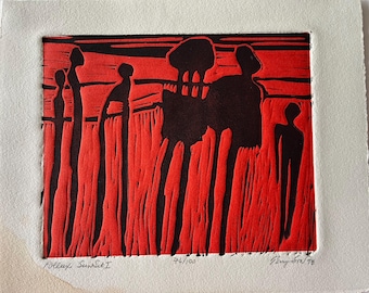 Terry Svat Linocut Print: ‘Pollux Sunset’ Limited Edition Vintage Art. 76/100. 1998
