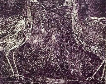 Vintage handmade print, "Together" created by Betty MacDonald, A non-etched Intaglio, limited edition, 87/130.