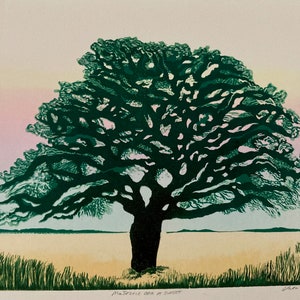Titled ‘Majestic Oak’ color lino print. Original handmade colored lino reduction print created by Victoria Smith,  SC Lowcountry artist.