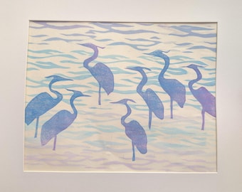Wading Herons, Original Linocut Print, handmade open edition, Victoria Smith, SC Lowcountry artist