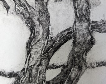 Etching Collagraph Print, "Driftwood Tree" Coastal Marsh Landscape, 8" x 8"