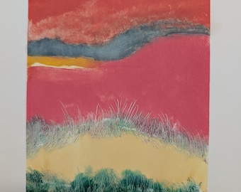 Original Monotype Print, Colorful Abstract Landscape Art, 8x10