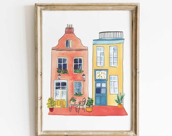 European Street Watercolor Art Print – Colorful Townhouse Wall Art, Travel Decor, Paris Architecture, Mediterranean Cityscape Painting
