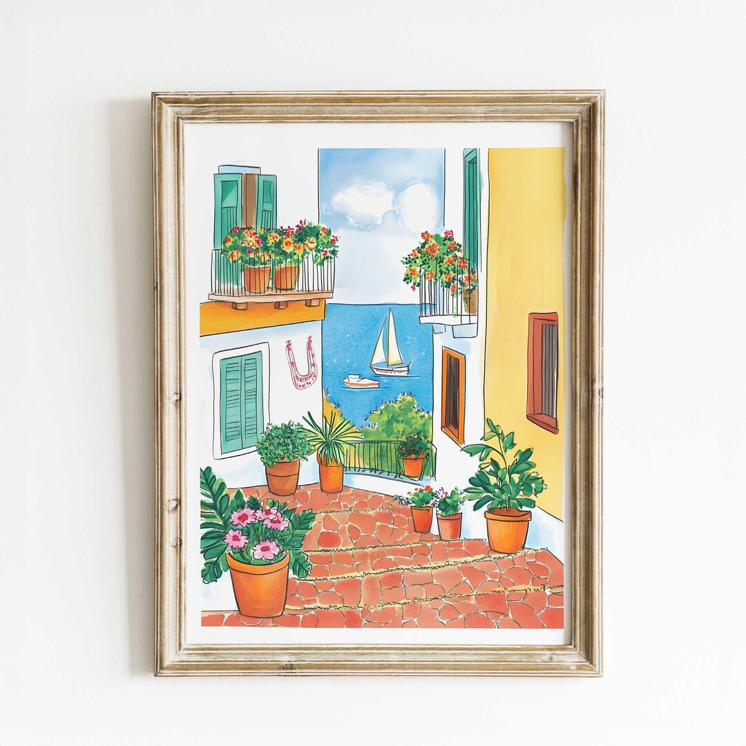 Mediterranean Courtyard Art Print – Colorful Coastal Village Wall Art ...