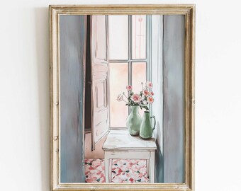Può includere: Un dipinto ad acquerello incorniciato di una stanza con una finestra, un tavolo e due vasi verdi con fiori rosa. La finestra è aperta e la luce splende attraverso di essa. Il tavolo è bianco e il pavimento ha un motivo floreale.