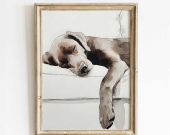 Sleeping Labrador Retriever Watercolor Dog Portrait Print, Cozy Pet Wall Art, Neutral Puppy Decor for Nursery, Bedroom & Living Room
