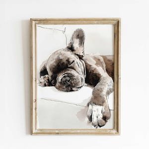 フレンチブルドッグの水彩画風犬の肖像画プリント、眠っているフレンチブルドッグのウォールアート、かわいい子犬の保育園の装飾、ニュートラルトーンのペット愛好家へのギフト