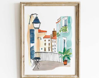 Paris Straßenszene Aquarell Druck - Einzigartiges Handgemachtes Dekor, Reise Wand Kunst, Europäische Stadtansicht, Französischer Balkon, Gemütliches Wohndekor