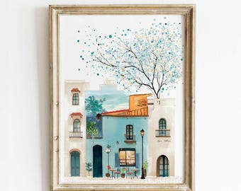 Blauwe mediterrane caféprint – lentebloesemboom, aquarel Europese straatbeeld