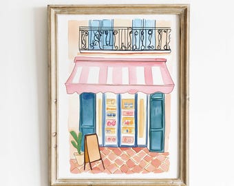 Aquarelprint Paris Bakery – charmante Franse cafékunst, Europees straatbeeld, gezellig bakkerijdecor, op reizen geïnspireerd uniek handgemaakt decor