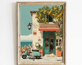 Mediterranean Cafe Wall Art, Lemon Tree Cafe Print, Italian Coastal Artwork, Vespa Cafe Illustration, Summer Wall Decor