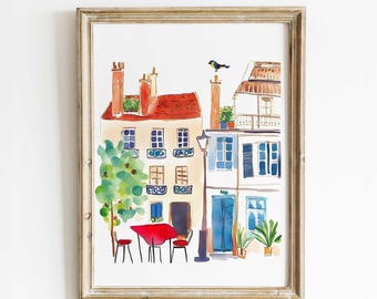Paris Watercolor Print – Unique Handmade Decor, French Street Scene Wall Art, Charming Parisian Café Illustration, Vintage Home Office Decor