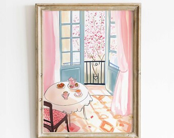 Romantische Franse café-aquarelprint | Gezellige raamscène met kersenbloesems | Wanddecoratie
