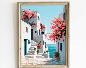 ブーゲンビリアの絵画 サントリーニ 水彩画 アートプリント ギリシャの