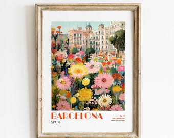 Barcelona Wall Art Printable, Bold Floral Digital Poster Spain, Warm Mediterranean City Print, Spanish Architecture Instant Download