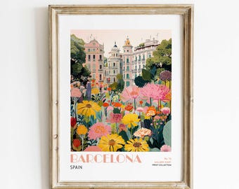 Barcelona Spain Wall Art Printable, Colorful Digital City Poster, Mediterranean Architecture with Flowers, Instant Download Travel Decor