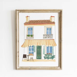 Paris Café Watercolor Art Print – French Bakery Façade with Green Door & Striped Awning – Reproduction of Handmade Watercolor Art