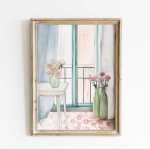 Impresión romántica de acuarela floral: elegante arte de pared para balcón francés, decoración del hogar en tonos pastel suaves, póster botánico vintage