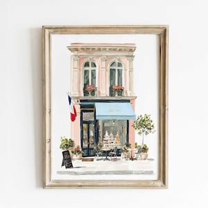 French Patisserie Wall Art – Watercolor Paris Bakery Illustration, Cafe Scene with Macarons & Cakes, Parisian Print