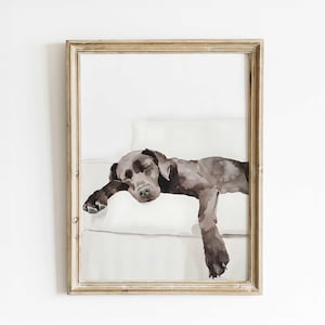 Stampa acquerello di cane addormentato – Arte murale accogliente Labrador, arte unica fatta a mano per gli amanti dei cani, ritratto minimalista di animali domestici, regalo per i proprietari di animali domestici