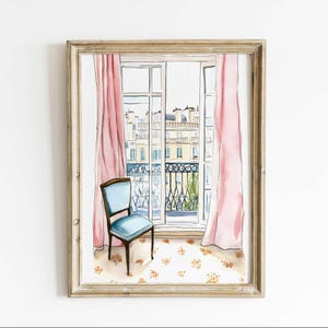 Paris Window View Watercolor Art Print – Elegant French Balcony, Romantic, Minimalist Wall Art, European Home Decor, Parisian Poster