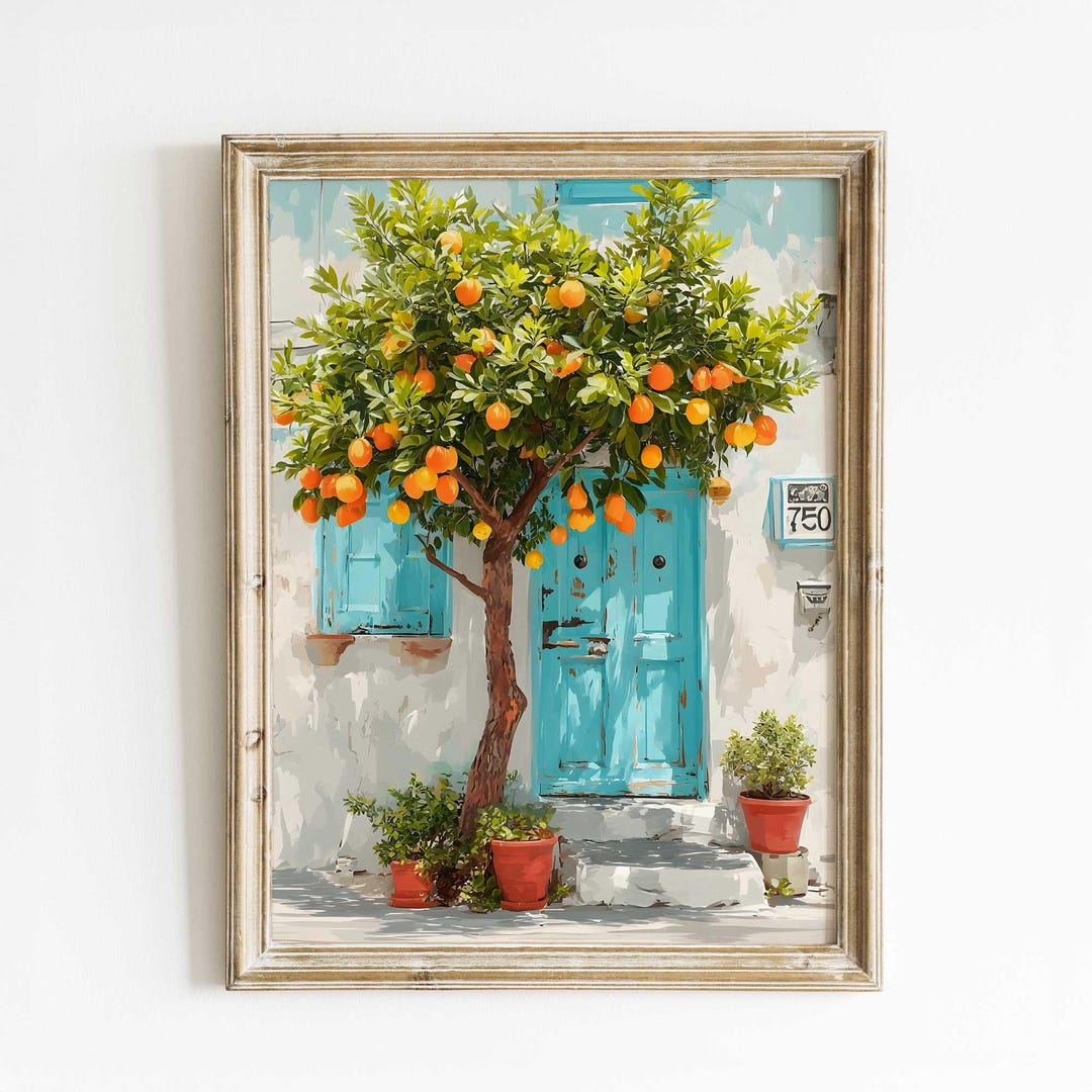 Mediterranean Orange Tree Wall Art Print, Blue Door Coastal Painting ...