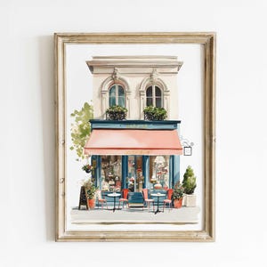 Parisian Cafe Watercolor Print – French Bakery Wall Art, Pink Awning Bistro Illustration, European Coffee Shop Decor