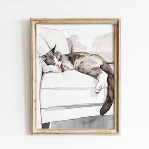 Impresión de gato durmiendo en acuarela – Arte de pared acogedor para gatos – Póster de animales de bellas artes – Decoración minimalista para gatos – Regalo para amantes de las mascotas